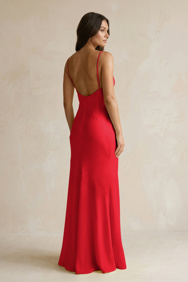 Cami Strap Sheath Satin Bridesmaid Dress With Slit in Ruby Red - KissProm Bridesmaid Dresses