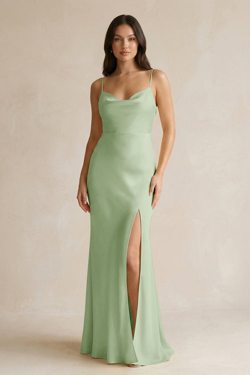 Cami Strap Sheath Satin Bridesmaid Dress With Slit in Sage - KissProm Bridesmaid Dresses