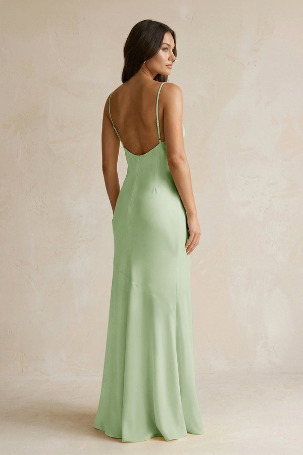 Cami Strap Sheath Satin Bridesmaid Dress With Slit in Sage - KissProm Bridesmaid Dresses