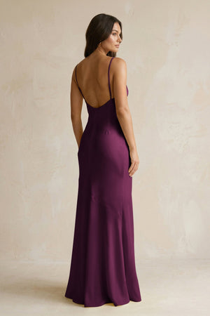 Cami Strap Sheath Satin Bridesmaid Dress With Slit in Sangria - KissProm Bridesmaid Dresses