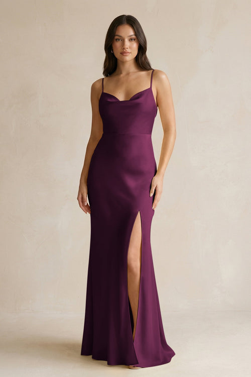 Cami Strap Sheath Satin Bridesmaid Dress With Slit in Sangria - KissProm Bridesmaid Dresses