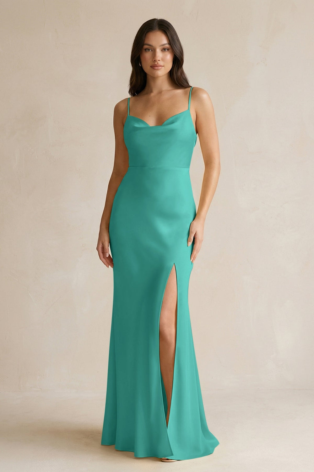 Cami Strap Sheath Satin Bridesmaid Dress With Slit in Sea Glass - KissProm Bridesmaid Dresses