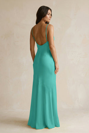 Cami Strap Sheath Satin Bridesmaid Dress With Slit in Sea Glass - KissProm Bridesmaid Dresses