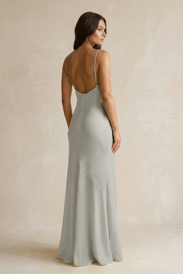 Cami Strap Sheath Satin Bridesmaid Dress With Slit in Silver - KissProm Bridesmaid Dresses