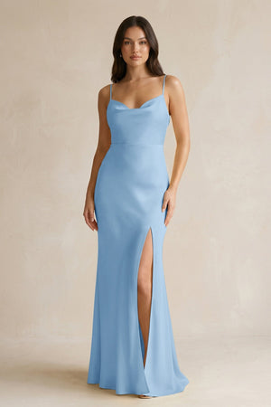 Cami Strap Sheath Satin Bridesmaid Dress With Slit in Sky Blue - KissProm Bridesmaid Dresses