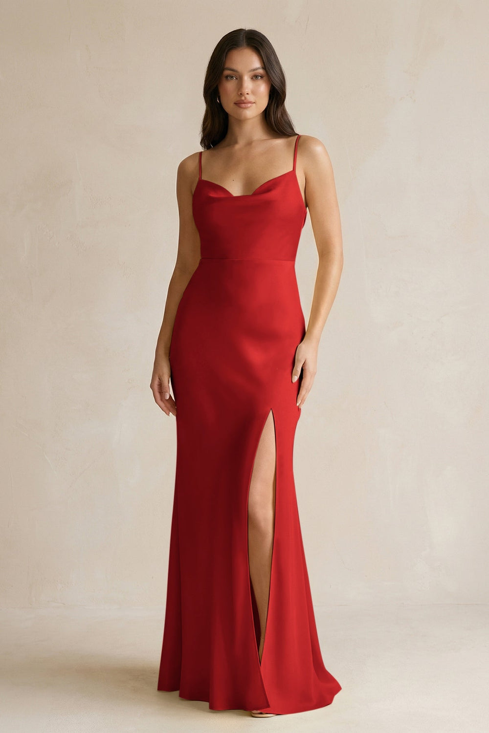 Cami Strap Sheath Satin Bridesmaid Dress With Slit in Spice - KissProm Bridesmaid Dresses