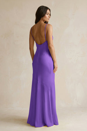 Cami Strap Sheath Satin Bridesmaid Dress With Slit in Tahiti - KissProm Bridesmaid Dresses