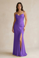 Cami Strap Sheath Satin Bridesmaid Dress With Slit in Tahiti - KissProm Bridesmaid Dresses
