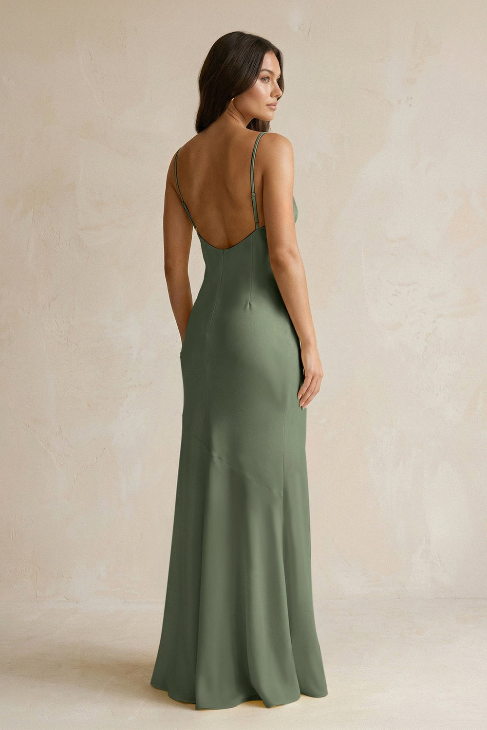 Cami Strap Sheath Satin Bridesmaid Dress With Slit in Thyme - KissProm Bridesmaid Dresses