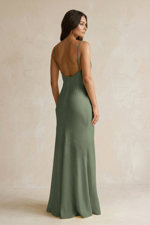 Cami Strap Sheath Satin Bridesmaid Dress With Slit in Thyme - KissProm Bridesmaid Dresses