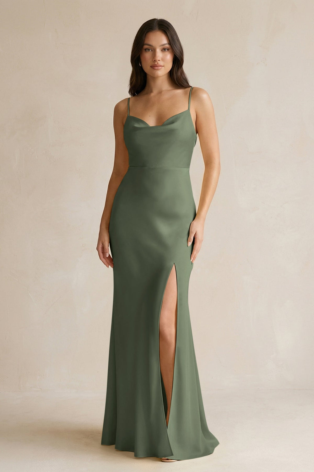 Cami Strap Sheath Satin Bridesmaid Dress With Slit in Thyme - KissProm Bridesmaid Dresses