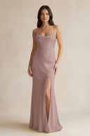 Cami Strap Sheath Satin Bridesmaid Dress With Slit in Toffee - KissProm Bridesmaid Dresses
