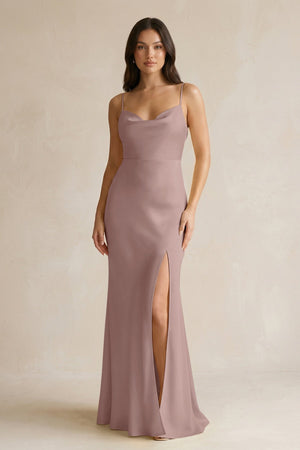 Cami Strap Sheath Satin Bridesmaid Dress With Slit in Toffee - KissProm Bridesmaid Dresses