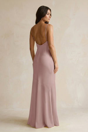 Cami Strap Sheath Satin Bridesmaid Dress With Slit in Toffee - KissProm Bridesmaid Dresses