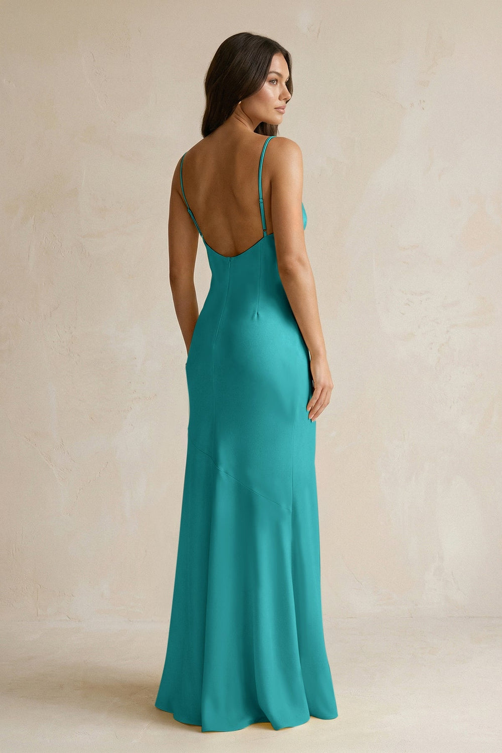 Cami Strap Sheath Satin Bridesmaid Dress With Slit in Turquoise - KissProm Bridesmaid Dresses