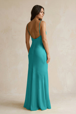 Cami Strap Sheath Satin Bridesmaid Dress With Slit in Turquoise - KissProm Bridesmaid Dresses