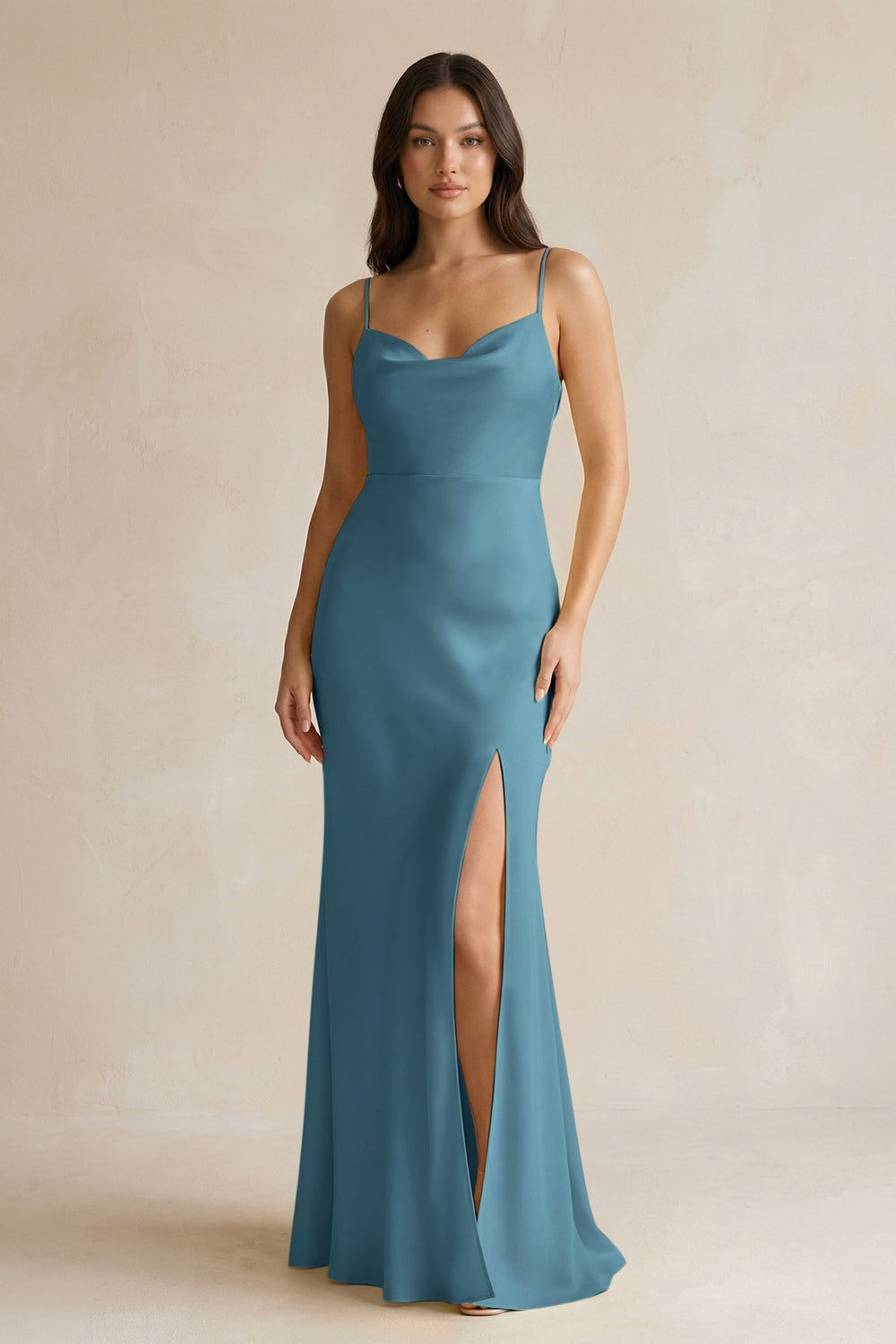 Cami Strap Sheath Satin Bridesmaid Dress With Slit in Twilight - KissProm Bridesmaid Dresses