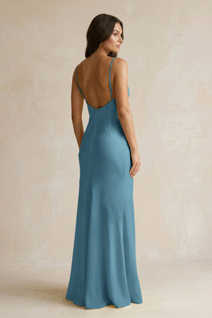 Cami Strap Sheath Satin Bridesmaid Dress With Slit in Twilight - KissProm Bridesmaid Dresses