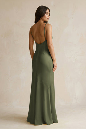 Cami Strap Sheath Satin Bridesmaid Dress With Slit in Willow Green - KissProm Bridesmaid Dresses