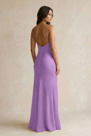 Cami Strap Sheath Satin Bridesmaid Dress With Slit in Wisteria - KissProm Bridesmaid Dresses