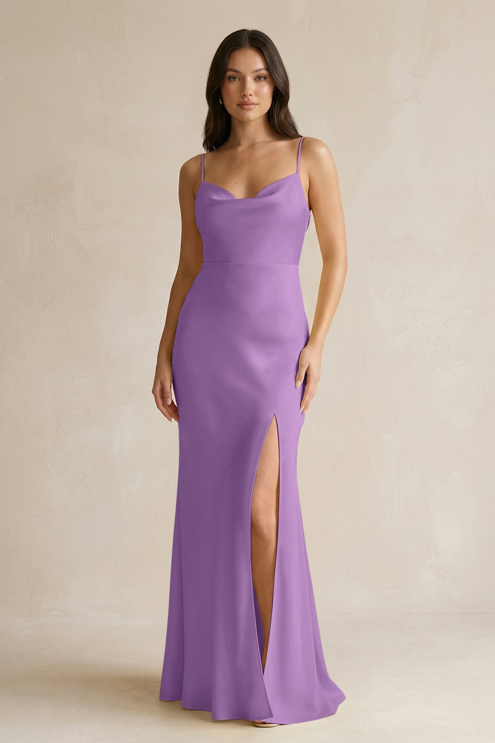 Cami Strap Sheath Satin Bridesmaid Dress With Slit in Wisteria - KissProm Bridesmaid Dresses