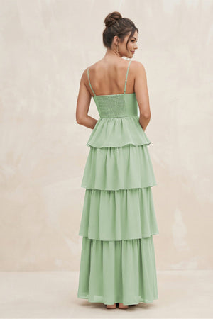 Cami Strap Tiered A-Line Chiffon Bridesmaid Dress in Sage - KissProm BRIDESMAID DRESSES