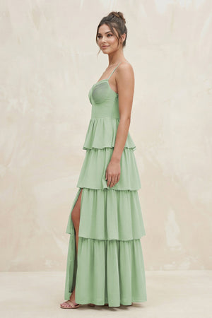 Cami Strap Tiered A-Line Chiffon Bridesmaid Dress in Sage - KissProm BRIDESMAID DRESSES