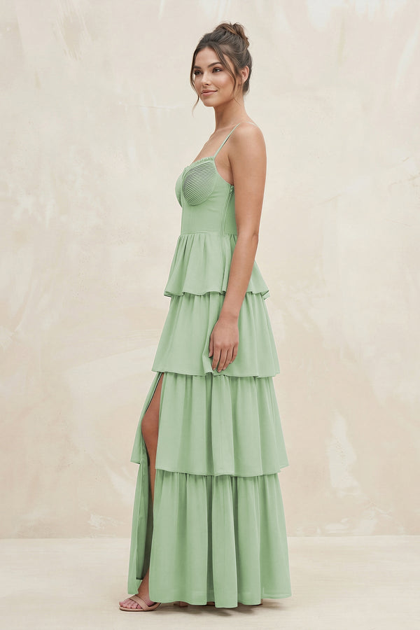 Cami Strap Tiered A-Line Chiffon Bridesmaid Dress in Sage - KissProm BRIDESMAID DRESSES