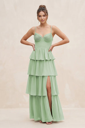 Cami Strap Tiered A-Line Chiffon Bridesmaid Dress in Sage - KissProm BRIDESMAID DRESSES