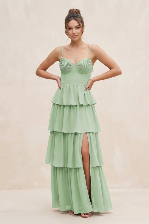 Cami Strap Tiered A-Line Chiffon Bridesmaid Dress in Sage - KissProm BRIDESMAID DRESSES