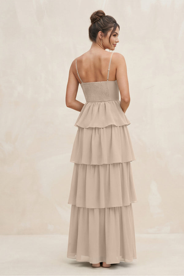 Cami Strap Tiered A - Line Chiffon Bridesmaid Dress in Almond - KissProm Bridesmaid Dresses