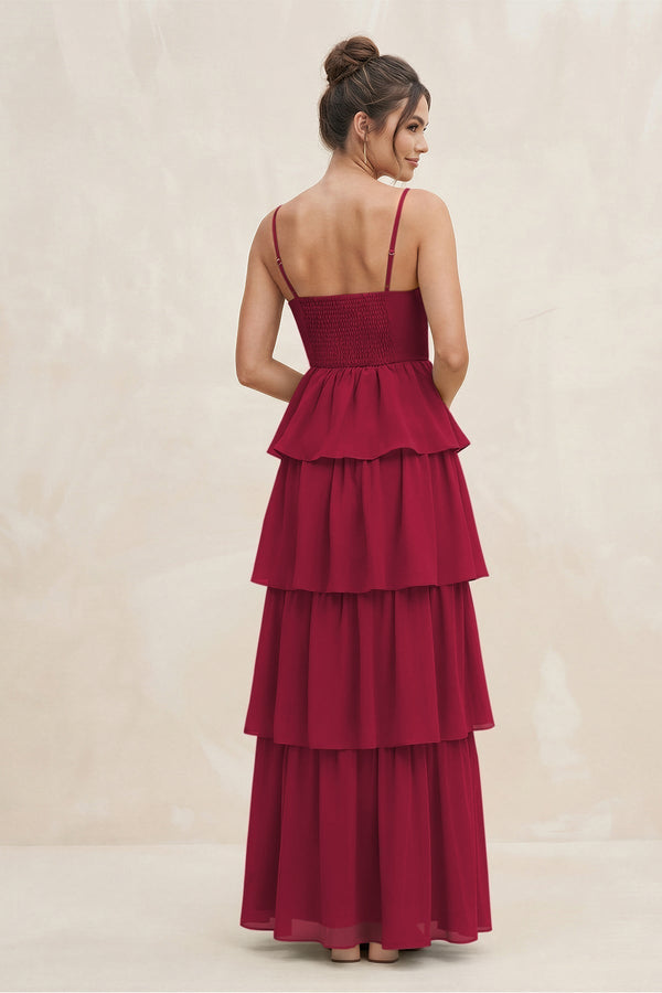 Cami Strap Tiered A - Line Chiffon Bridesmaid Dress in Berry - KissProm Bridesmaid Dresses