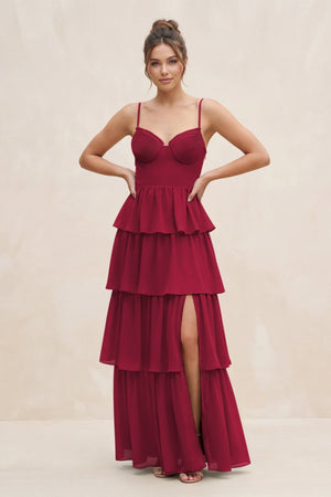Cami Strap Tiered A - Line Chiffon Bridesmaid Dress in Berry - KissProm Bridesmaid Dresses