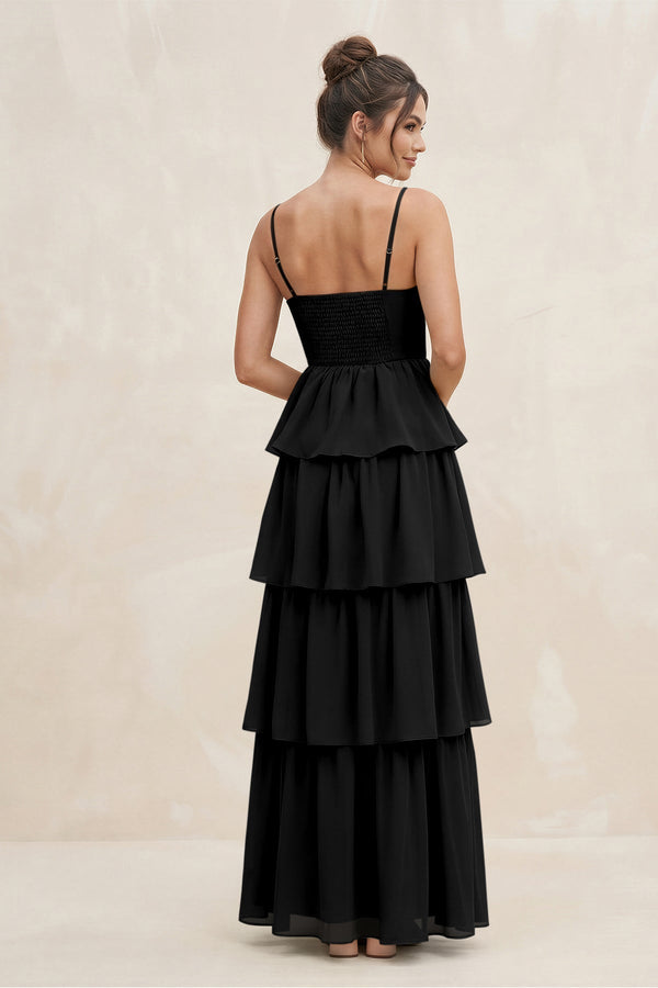 Cami Strap Tiered A - Line Chiffon Bridesmaid Dress in Black - KissProm Bridesmaid Dresses