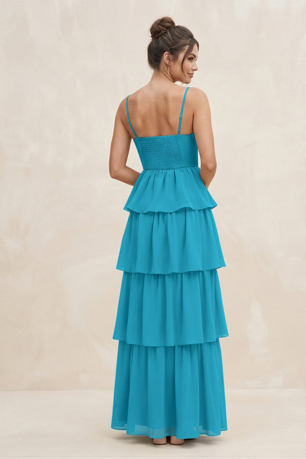 Cami Strap Tiered A - Line Chiffon Bridesmaid Dress in Blue Jay - KissProm Bridesmaid Dresses