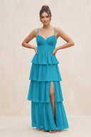 Cami Strap Tiered A - Line Chiffon Bridesmaid Dress in Blue Jay - KissProm Bridesmaid Dresses