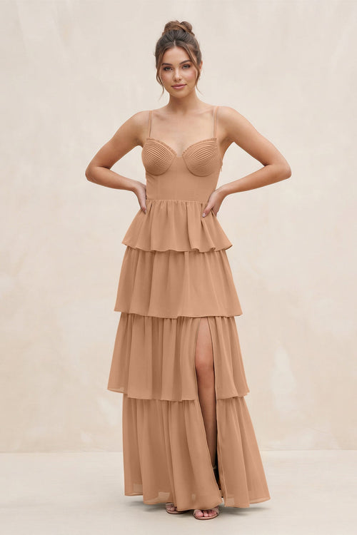 Cami Strap Tiered A - Line Chiffon Bridesmaid Dress in Bronzer - KissProm Bridesmaid Dresses