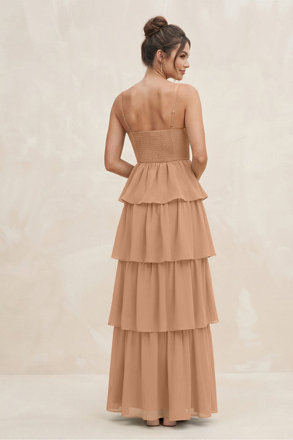 Cami Strap Tiered A - Line Chiffon Bridesmaid Dress in Bronzer - KissProm Bridesmaid Dresses