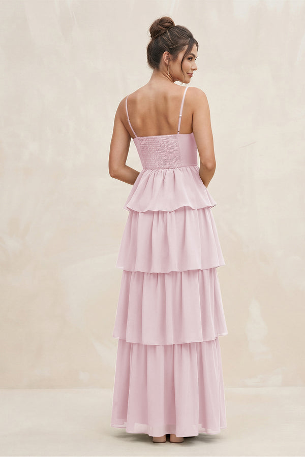 Cami Strap Tiered A - Line Chiffon Bridesmaid Dress in Candy Pink - KissProm Bridesmaid Dresses