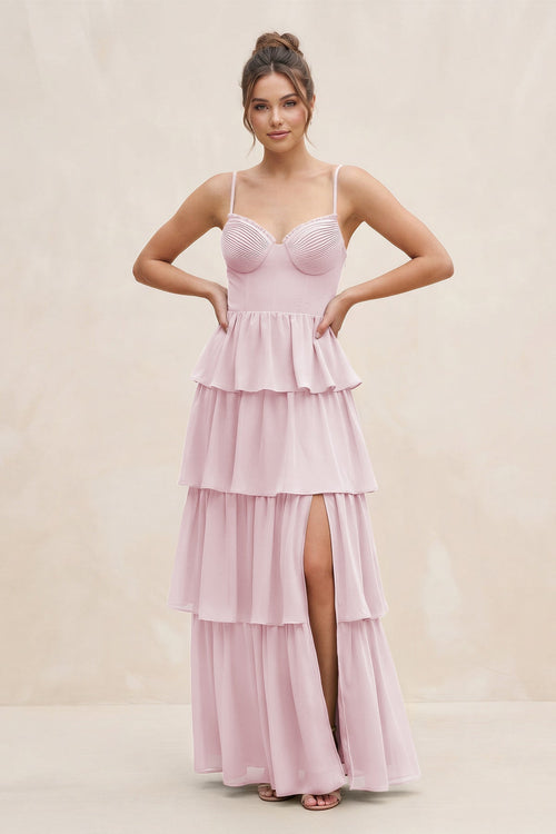 Cami Strap Tiered A - Line Chiffon Bridesmaid Dress in Candy Pink - KissProm Bridesmaid Dresses