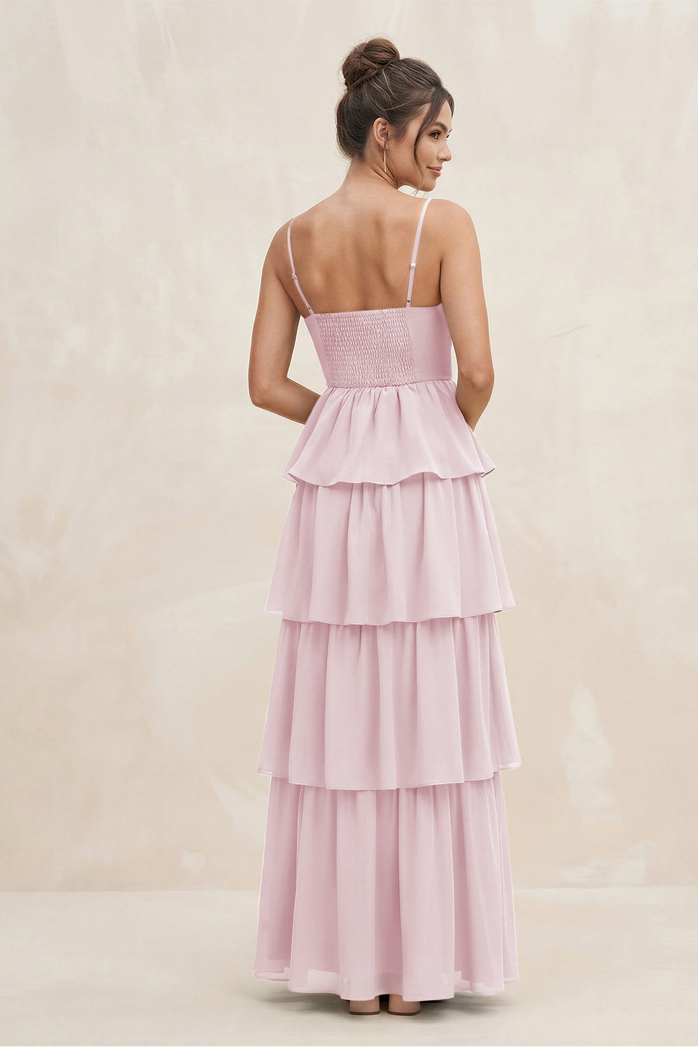 Cami Strap Tiered A - Line Chiffon Bridesmaid Dress in Candy Pink - KissProm Bridesmaid Dresses