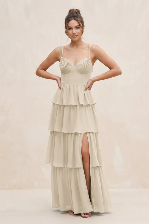 Cami Strap Tiered A - Line Chiffon Bridesmaid Dress in Champagne - KissProm Bridesmaid Dresses