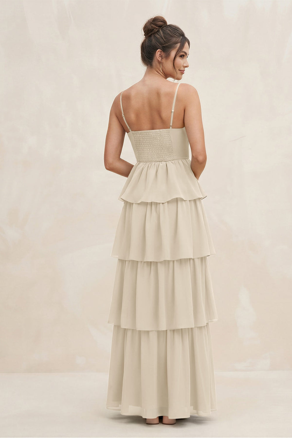 Cami Strap Tiered A - Line Chiffon Bridesmaid Dress in Champagne - KissProm Bridesmaid Dresses