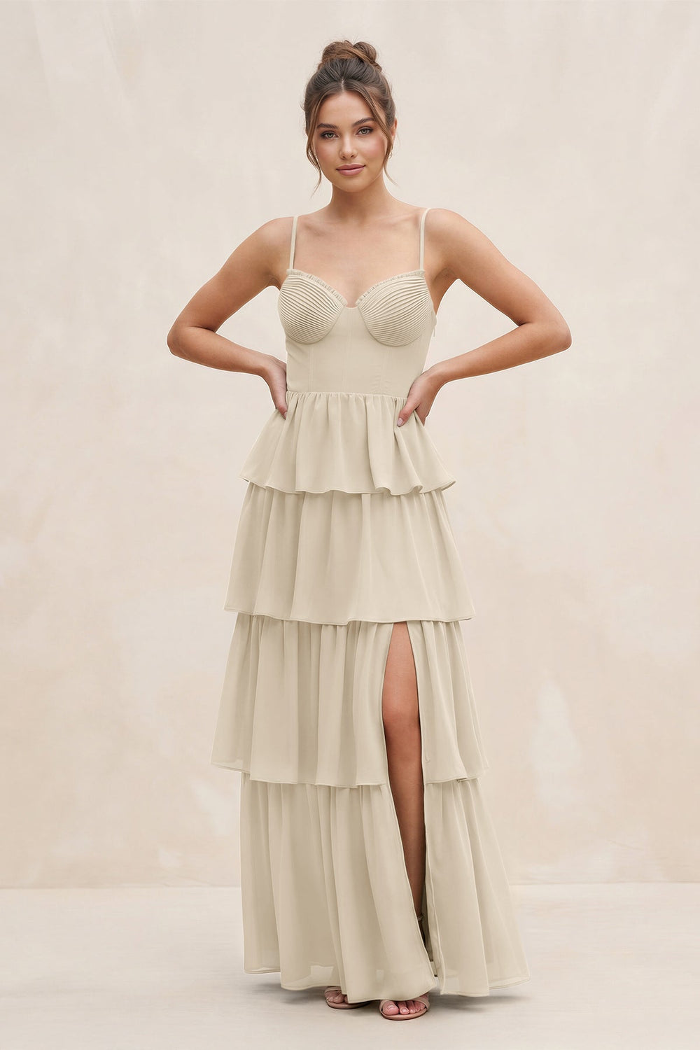 Cami Strap Tiered A - Line Chiffon Bridesmaid Dress in Champagne - KissProm Bridesmaid Dresses