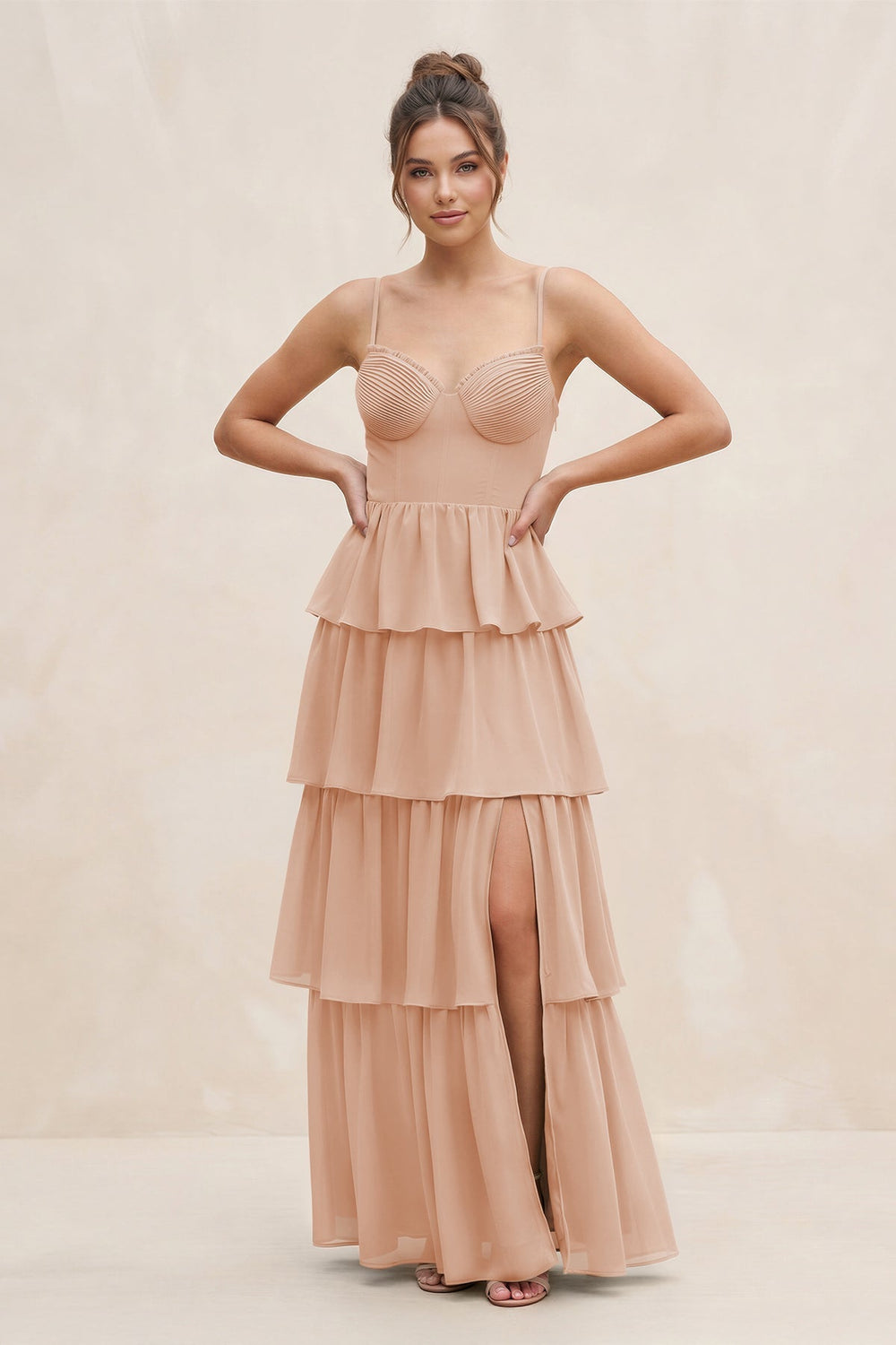 Cami Strap Tiered A - Line Chiffon Bridesmaid Dress in Champagne Rose - KissProm Bridesmaid Dresses