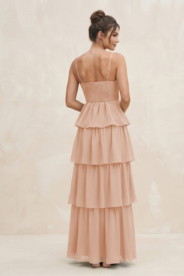 Cami Strap Tiered A - Line Chiffon Bridesmaid Dress in Champagne Rose - KissProm Bridesmaid Dresses