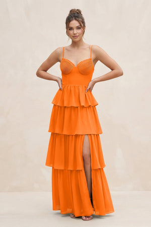 Cami Strap Tiered A - Line Chiffon Bridesmaid Dress in Cinnamon - KissProm Bridesmaid Dresses