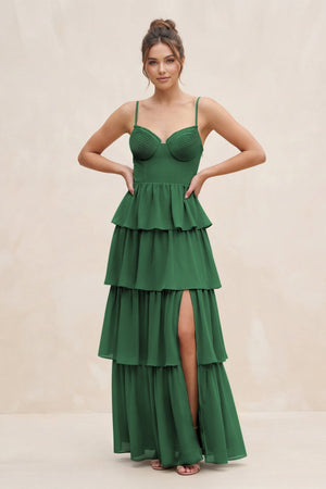 Cami Strap Tiered A - Line Chiffon Bridesmaid Dress in Dark Green - KissProm Bridesmaid Dresses
