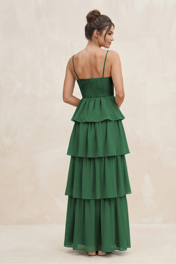 Cami Strap Tiered A - Line Chiffon Bridesmaid Dress in Dark Green - KissProm Bridesmaid Dresses