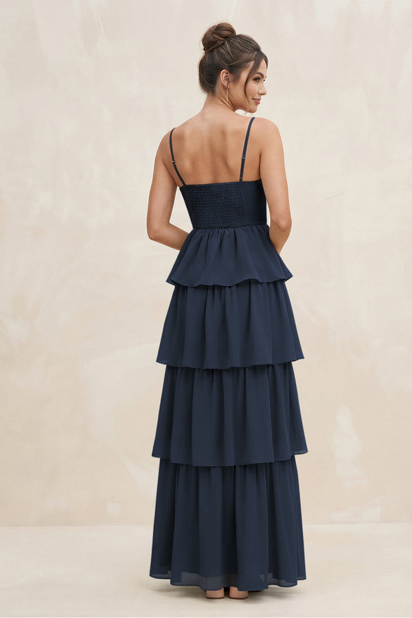 Cami Strap Tiered A - Line Chiffon Bridesmaid Dress in Dark Navy - KissProm Bridesmaid Dresses